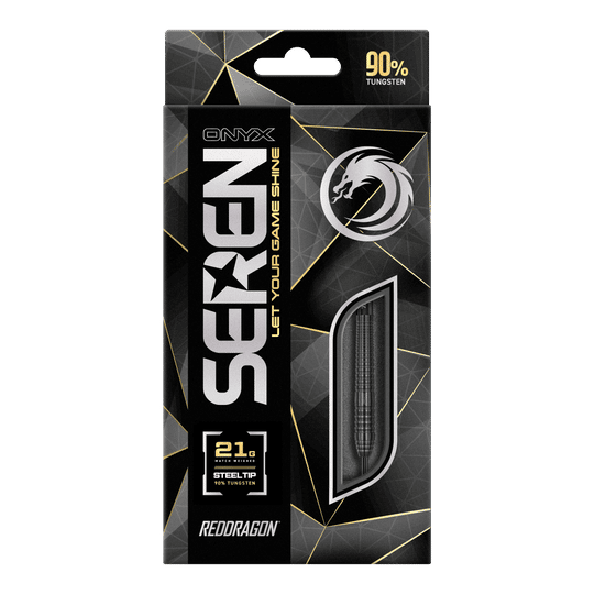 Auf dem Bild ist die Verpackung der "Red Dragon Seren 2 Onyx Steeldarts" zu sehen. Die Darts bestehen zu 90 % aus Tungsten und wiegen 21,1 Gramm.