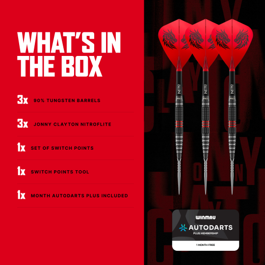 Red Dragon Jonny Clayton RD-PRO Switch Point stalen dartpijlen Die Aufnahme zeigt Red Dragon Jonny Clayton RD-PRO Switch Point Steeldarts aus einer anderen Perspektive. Die feine Struktur und Form der Darts ist erkennbar.