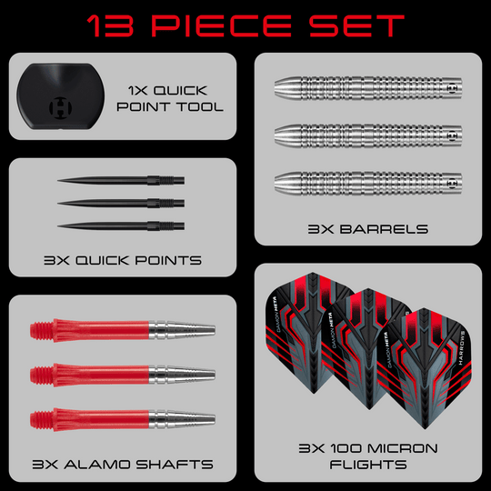 Das Bild zeigt die Harrows Damon Heta Natural Quick Point Steeldarts mit 23 Gramm. Diese Darts sind speziell für Präzision und Kontrolle entwickelt.