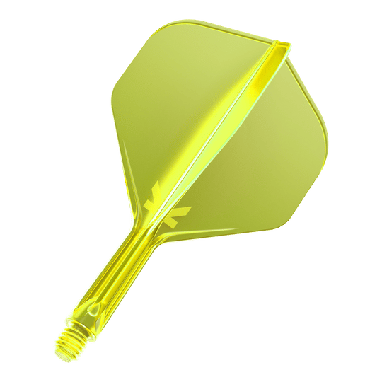 Das Bild zeigt eine neon-gelbe Dart-Flügel-Kombination mit einem integrierten Schaft. Die Oberfläche ist glänzend und das Material wirkt durchsichtig.