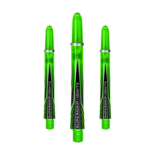 HR391_Harrows_Supergrip_Ignite_Shafts_Gr-n_47mm_1KXrnsns4Yv19y Das Bild zeigt drei grüne Harrows Supergrip Ignite Shafts für Dartpfeile. Die Shafts haben ein modernes Design mit schwarzer und weißer Beschriftung.