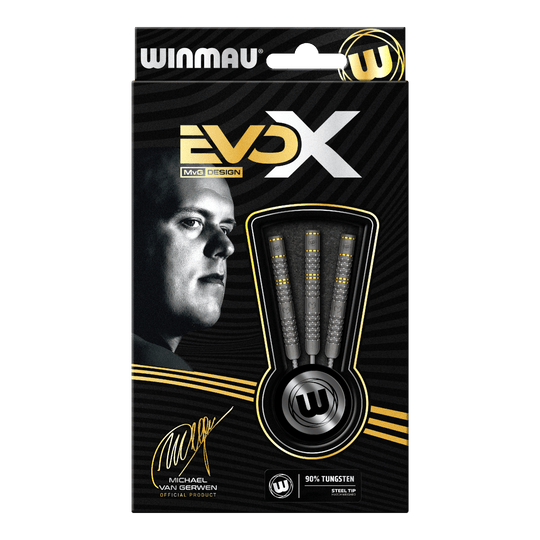 Winmau Michael Van Gerwen Evo-X stalen dartpijlen Die Verpackung zeigt die "Winmau Michael Van Gerwen Evo-X Steeldarts" mit stilvollem Design und prominenter Abbildung von Michael Van Gerwen. In der Packung sind drei Steeldarts mit 90% Tungsten-Anteil sichtbar.