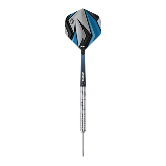 Bulls Stone S3 Steeldarts Das Bild zeigt einen Bulls Stone S3 Steeldart. Der Dart hat ein silbernes Barrel und ein Flight mit blau-schwarzem Muster.
