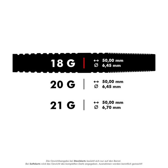 Das Bild zeigt die verschiedenen Gewichte und Maße der Target RVB 80% Black Tungsten Softdarts. Die Darts sind in 18 g, 20 g und 21 g erhältlich, jeweils mit einer Länge von 50,00 mm und unterschiedlichen Durchmessern.