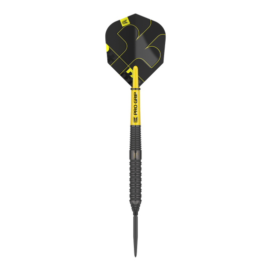 Target Bolide Void 02 Swiss Point stalen darts Das Bild zeigt einen Target Bolide Void 02 Swiss Point Steeldart. Der Dartpfeil ist schwarz mit gelben Akzenten und hat eine strukturierte Griffoberfläche.