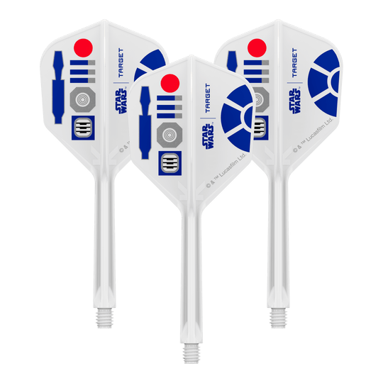 Target Star Wars K-Flex R2D2 No6-vluchten Zu sehen ist ein Produkt mit dem Dateinamen 410512_Target_StarWars_KFlex_R2D2_No6_Flights_Medium_33mm_1Set. Vermutlich handelt es sich dabei um ein Set von Dart-Flights mit Star Wars Thema.