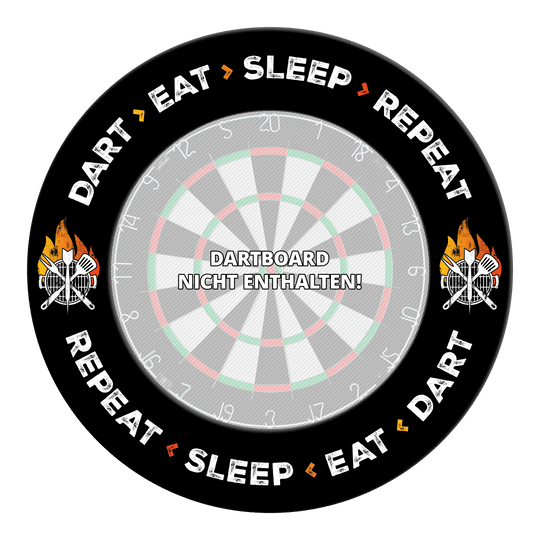 Das Bild zeigt eine Dartboard-Umrandung mit dem Text "Dart Eat Sleep Repeat". In der Mitte steht "Dartboard nicht enthalten!" und an den Seiten sind Grillmotive abgebildet.