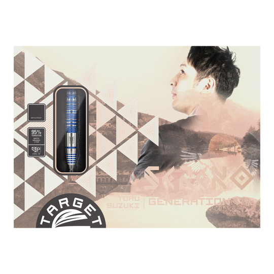 Target Japan Toru Suzuki Sereno GEN1 Swiss Point Steeldarts - 21g Die Verpackung zeigt die Steeldarts "Target Japan Toru Suzuki Sereno GEN1 Swiss Point" mit einem Gewicht von 21g. Auf der rechten Seite ist eine Porträtaufnahme eines Mannes abgebildet.
