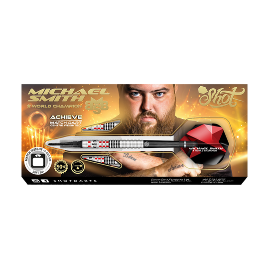 Shot Michael Smith bereikt zachte darts Auf dem Bild ist eine Packung mit Softdarts der Marke Shot zu sehen, die vom Weltmeister Michael Smith beworben wird. Die Verpackung zeigt ein Bild von Michael Smith und hebt die Eigenschaften des Produkts hervor.