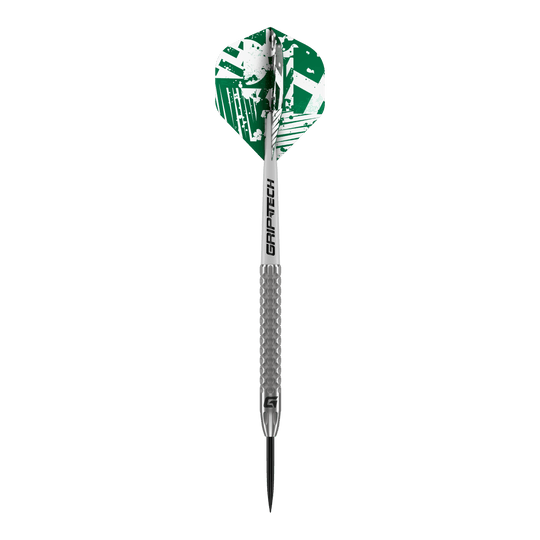 GOAT Fairway V2 Tungsten Steel Darts Das Bild zeigt einen GOAT Fairway V2 Tungsten Steeldart. Der Dart hat eine silberne Spitze und Schaft sowie grüne Flights mit weißem Muster.