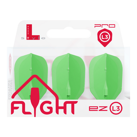 L-L-Style3EZ-vluchten Das Bild zeigt eine Packung mit drei neon-grünen Dartflights. Die Verpackung ist mit "L-Style Flight EZ L3" beschriftet.