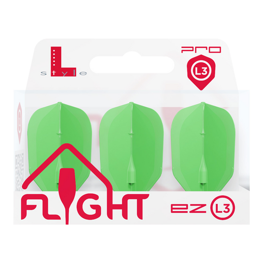 L-L-Style3EZ-vluchten Zwei Dart-Flights mit klassischer Standardform liegen auf dem Bilduntergrund. Die Kanten sind gleichmäßig.