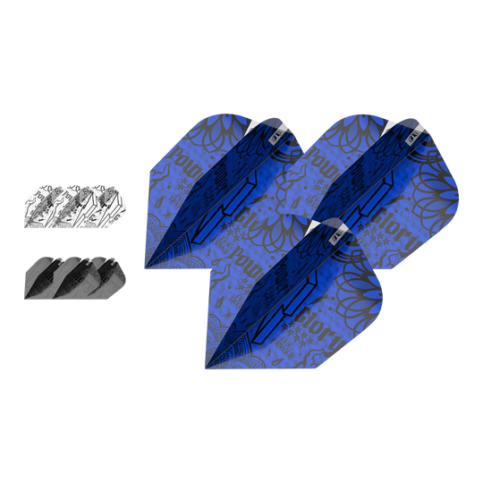 Target Inktbundel 3 sets Power No6 Vluchten Das Bild zeigt drei Sets von Target Ink Bundle Power No6 Flights in verschiedenen Farben und Designs. Die Flights sind in Blau, Schwarz und Weiß mit auffälligen grafischen Mustern gestaltet.