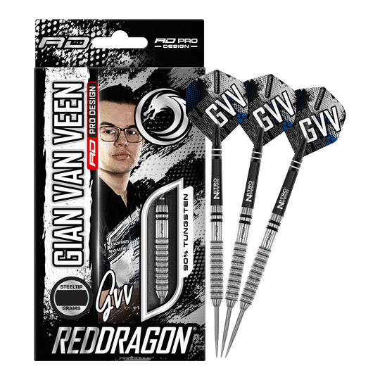Das Bild zeigt die Verpackung und drei Steeldarts des Produkts „Red Dragon Gian Van Veen Tour Edition“ mit 22 Gramm Gewicht. Auf der Verpackung ist ein Porträt von Gian Van Veen sowie der Schriftzug „REDDRAGON“ zu sehen.