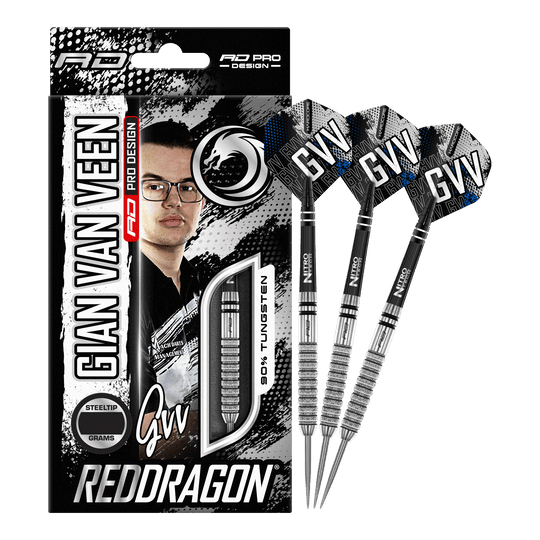 Red Dragon Gian Van Veen Tour Editie Steeldarts - 22g Das Bild zeigt die Verpackung und drei Steeldarts des Produkts „Red Dragon Gian Van Veen Tour Edition“ mit 22 Gramm Gewicht. Auf der Verpackung ist ein Porträt von Gian Van Veen sowie der Schriftzug „REDDRAGON“ zu sehen.