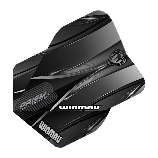 Winmau Alpha Sniper Black standaardvluchten Das Bild zeigt das Produkt "Winmau Alpha Sniper Black Standard Flights". Die Flights sind schwarz mit silbernen und grauen Designelementen und tragen das Winmau-Logo.
