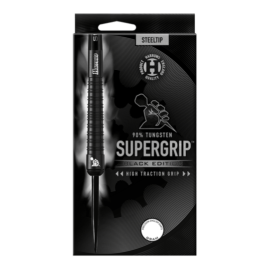 Harrows Supergrip Black Edition stalen darts Das Bild zeigt die Verpackung der "Harrows Supergrip Black-Edition Steeldarts". Die Verpackung ist schwarz gehalten und hebt die hohe Griffigkeit sowie einen 90%igen Tungsten-Anteil hervor.
