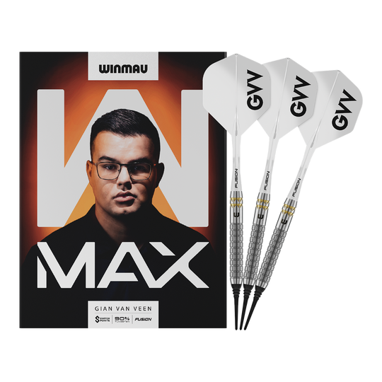 Winmau Gian Van Veen W-MAX zachte darts - 18g Winmau Gian Van Veen W-MAX Softdarts - 18g werden vollständig dargestellt. Alle Details der drei Darts sind sichtbar.