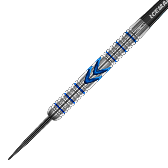 Red Dragon Gerwyn Price Iceman Midnight Edition stalen darts Das Bild zeigt einen Steeldart mit silberner Oberfläche und blauen Akzenten. In der Mitte befindet sich ein markantes blaues Muster in Pfeilform.