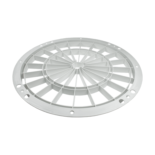 DKS01_L-wen_Dart_Original_Ersatzteile_Komplett_Set_3 Das Bild zeigt ein weißes Ersatzteil für ein elektronisches Dartboard. Es ist rund und besteht aus robustem Kunststoff mit mehreren Verstrebungen.