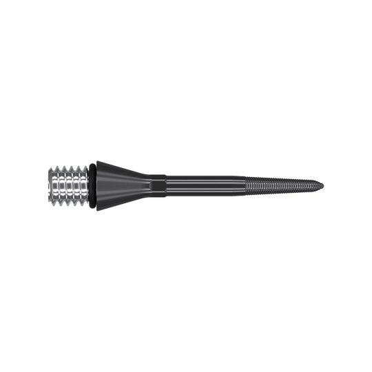 380160_Target_Titanium_Swiss_Point_Nano_Conversion_Points_Schwarz_26mm_2 Das Bild zeigt eine schwarze, metallische Dartspitze mit einem geriffelten Ende. Die Spitze ist lang, schmal und hat eine spitz zulaufende Form.