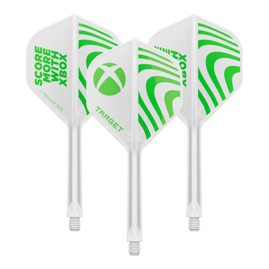 Target Xbox K-Flex No2 standaard flight controllers - wit Ein Produktbild mit dem Dateinamen 410612_Target_Xbox_KFlex_No2_Standard_Flights_33mm_1Set. Es handelt sich wahrscheinlich um ein Set vom Dartzubehör.