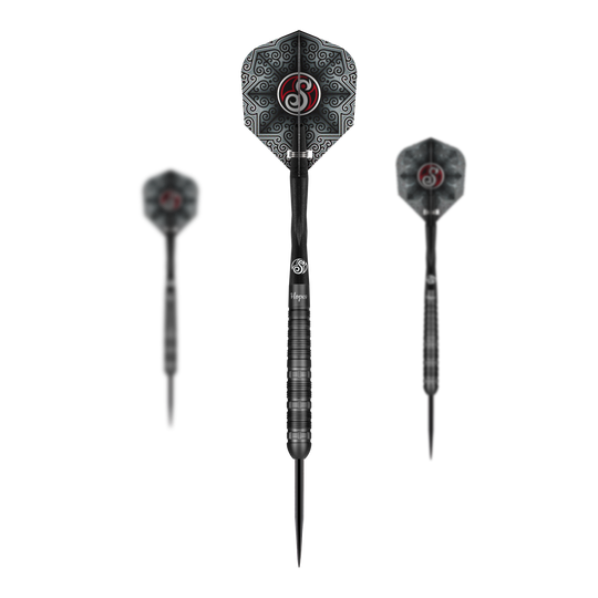 Shot Pro-Series Haupai Puha 2 stalen darts - 24g Das Bild zeigt drei Steeldarts des Produkts "Shot Pro-Series Haupai Puha 2" mit einem Gewicht von 24 Gramm. Die Darts haben ein schwarzes Design mit auffälligen Mustern auf den Flights.