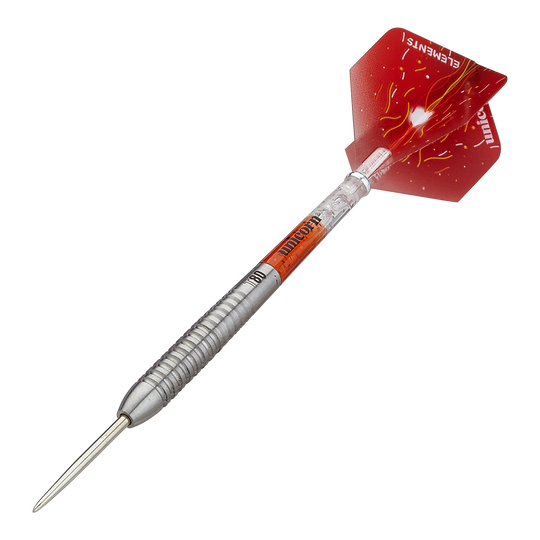 Unicorn Core XL Striker Style 5 stalen darts Das Bild zeigt einen Unicorn Core XL Striker Style 5 Steeldart. Der Dartpfeil hat einen silbernen Schaft und rote Flights mit gelben Mustern.