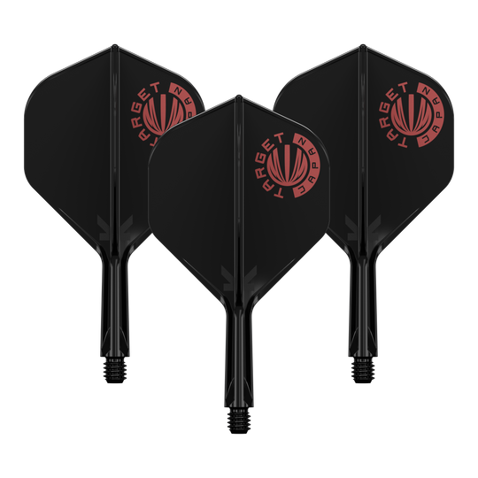 Das Bild zeigt drei schwarze Dartflights mit roten „Target Japan“ Logos. Die Flights sind zusammen als Set angeordnet.
