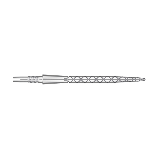 Target Swiss Storm Diamond Point Dartpunten - Zilver Das Bild zeigt eine silberne Dartspitze mit einem rautenförmigen Muster. Die Spitze ist lang und schmal, mit feinen Rillen für besseren Halt.