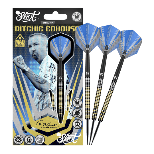 Shot Ritchie Edhouse Madhouse stalen dartpijlen Das Bild zeigt die Shot Ritchie Edhouse Madhouse Steeldarts in voller Ansicht. Diese Darts zeichnen sich durch ihr einzigartiges Design aus.
