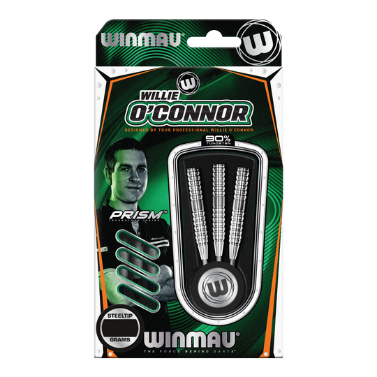 Winmau Willie O'Connor Steel Darts - 23g Die Verpackung zeigt die Winmau Willie O’Connor Steeldarts mit einem Gewicht von 23 Gramm. Im Inneren sind drei silberne Steeldarts zu sehen.