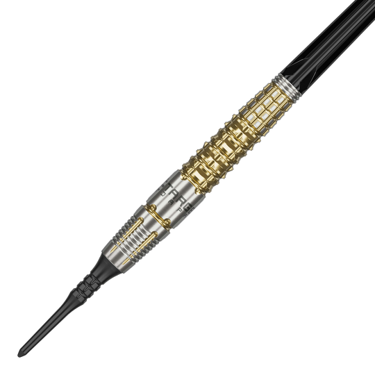 Target Japan Black Marque Warrior Soft Darts - 18,5 g Das Bild zeigt einen Softdart namens "Target Japan Black Marque Warrior" mit einem Gewicht von 18,5g. Der Dart hat ein auffälliges Design mit goldenen und silbernen Elementen sowie einer schwarzen Spitze.