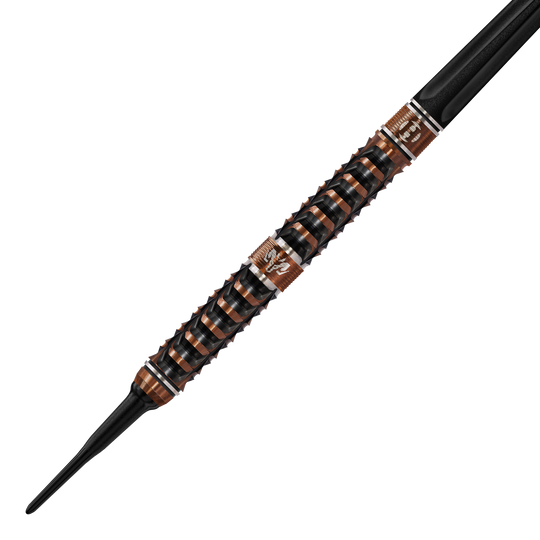 Zu sehen sind die Harrows Wolfram Trinity Softdarts. Das Bild stellt die Details und Form der Softdarts dar.