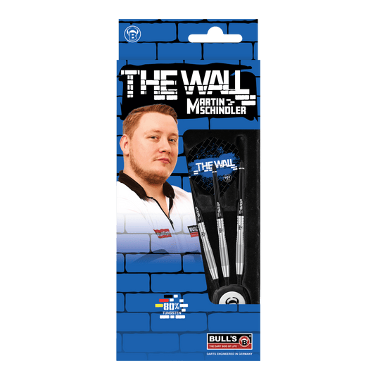 Bulls Martin Schindler TW80 zachte darts - 18g Die Abbildung zeigt die Produktverpackung der "Bulls Martin Schindler TW80 Softdarts - 18g". Auf der Verpackung ist ein Bild von Martin Schindler sowie drei Softdarts und das Logo von BULL'S zu sehen.