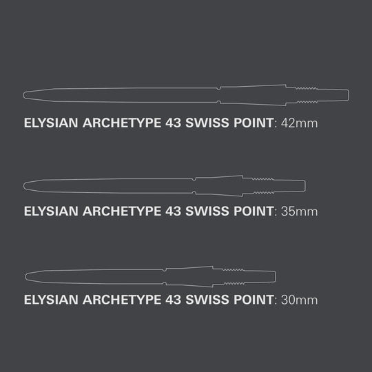 Target Elysian Archetype 43 Swiss Point Steeldartspitzen in Silber. Das Bild zeigt hochwertige Dartspitzen für Steel-Darts.