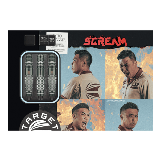 Target Japan Akito Yamagata Scream GEN1 Soft Darts - 19g Das Bild zeigt die Verpackung der Target Japan Akito Yamagata Scream GEN1 Softdarts - 19g. Auf der Verpackung sind drei Darts sowie vier ausdrucksstarke Porträtfotos einer Person zu sehen.