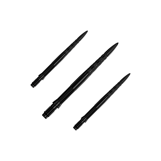 Mission R2.5 Rapid Point DSX dartpunten - Zwart Das Bild zeigt ein Set von schwarzen Dartspitzen, 30 mm lang. Die Dartspitzen sind zusammen gruppiert dargestellt.