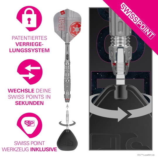 Target Star Wars AT-AT Swiss Point stalen dartpijlen Hier sind die Target Star Wars AT-AT Swiss Point Steeldarts abgebildet. Die Darts haben ein einzigartiges Design aus dem Star Wars Universum.