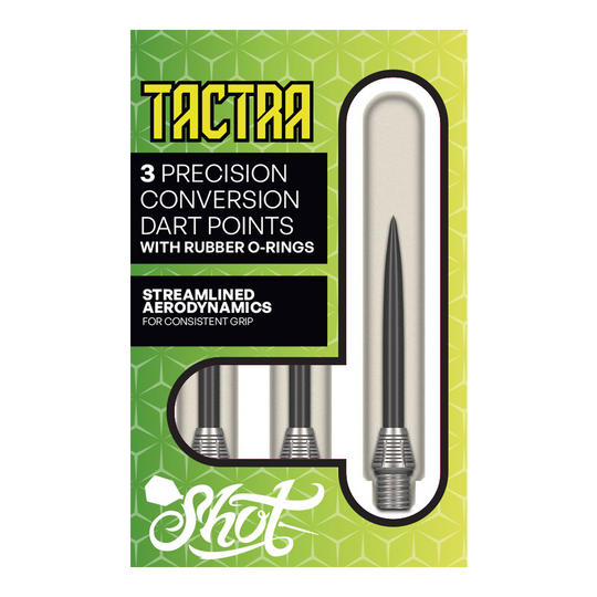 Hier sieht man die Shot Tactra Conversion Points - 34 mm. Sie bieten eine praktische Lösung für Dartspieler, die flexibel wechseln möchten.