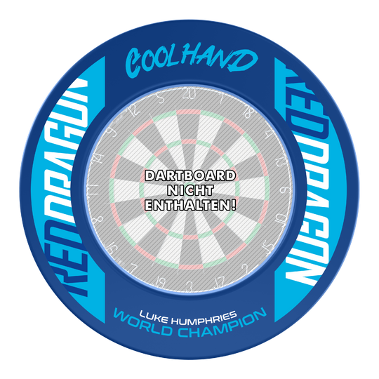 Red Dragon Luke Humphries Wereldkampioen Dartbord Surround Dies ist das Produkt "Red Dragon Luke Humphries World Champion Dartboard Surround" in blauer Farbe. In der Mitte steht: "Dartboard nicht enthalten!"