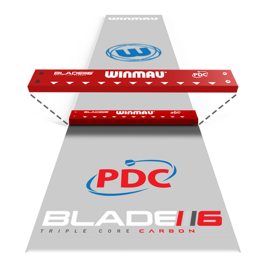 Winmau Clearzone PVC dartmat met oche Das Bild zeigt die "Winmau Clearzone PVC Dartmatte mit Oche". Auf der Matte sind die Logos von Winmau, PDC und Blade 6 zu sehen.