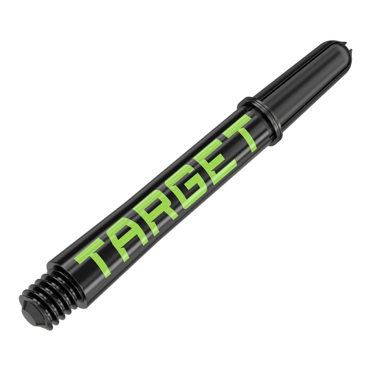 Target Pro Grip TAG Shafts - 3 Sets - Zwart Groen Das Bild zeigt einen schwarzen Dart-Schaft mit grünem Schriftzug „TARGET“. Der Schaft hat ein Schraubgewinde an einem Ende.