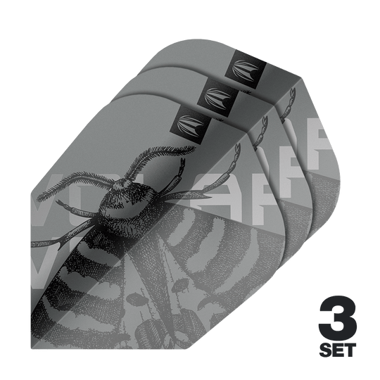 Target Pro Ultra Volar No6-vluchten - 3 sets Das Bild zeigt drei Sets der Target Pro Ultra Volar No6 Flights. Die Flights sind grau mit einem detaillierten Insektenmotiv gestaltet.