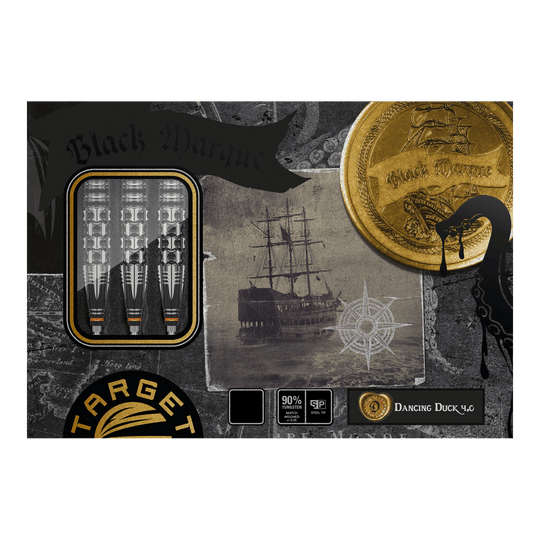 Target Japan Black Marque Dancing Duck GEN 4 stalen darts Die Abbildung zeigt die Verpackung der "Target Japan Black Marque Dancing Duck GEN 4 Steeldarts". Auf der Verpackung sind drei Darts, ein Schiff und ein goldener Münzen-Print zu sehen.