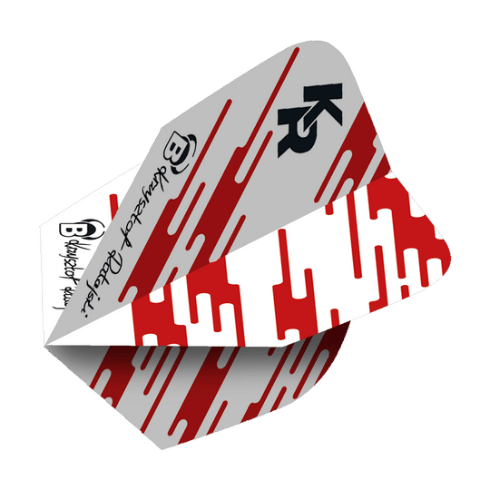 Dieses Bild zeigt die Bulls X-Powerflite Krzysztof Ratajski No2 Standard Flights. Die Flights haben ein graues und rotes Design mit auffälligen Mustern und der Aufschrift „KR“.