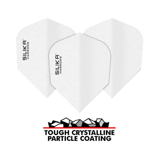 Harrows Silica Solid Tough Crystalline Coating Wit No6 Flights Das Bild zeigt drei weiße Dartflights mit der Aufschrift "SILIKA HARROWS". Darunter steht "TOUGH CRYSTALLINE PARTICLE COATING" zusammen mit einer grafischen Darstellung von Kristallen.