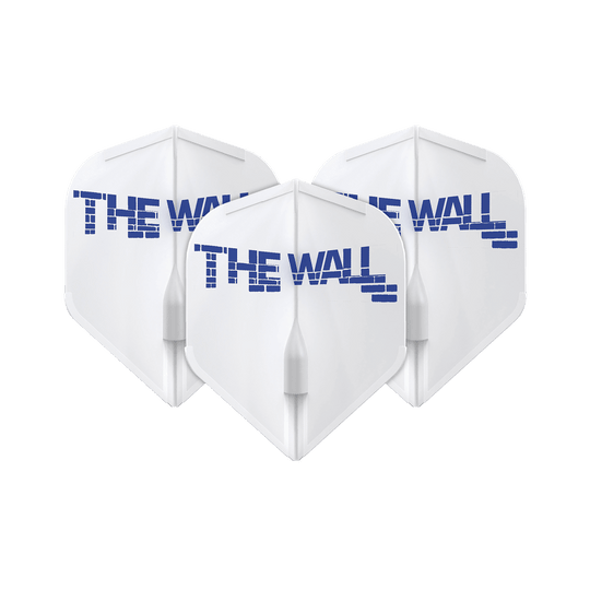 L-Style Martin Schindler White L1EZ Vluchten Das Bild zeigt drei weiße Dart-Flights mit der blauen Aufschrift "THE WALL". Die Flights sind das Modell L-Style Martin Schindler Weiß L1EZ.