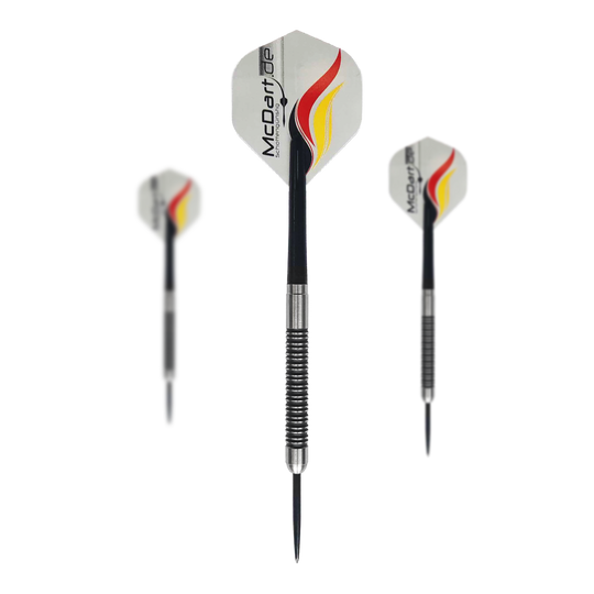 McDart Super Grip Steel Darts Ein Set McDart Super Grip Steeldarts ist vollständig abgebildet. Die verschiedenen Teile sind übersichtlich angeordnet.