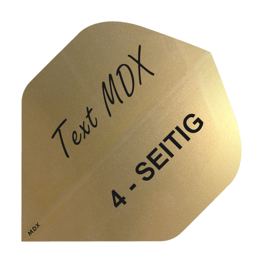 10 sets bedrukte metalen vluchten 4-zijdig - aangepaste tekst - MDX Standaard Das Bild zeigt ein goldenes Dart-Flight mit schwarzer Aufschrift. Auf dem Flight steht "Text MDX" und "4-SEITIG".